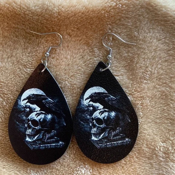 Evermore the raven skeleton crow poe book earrings - Picture 1 of 4